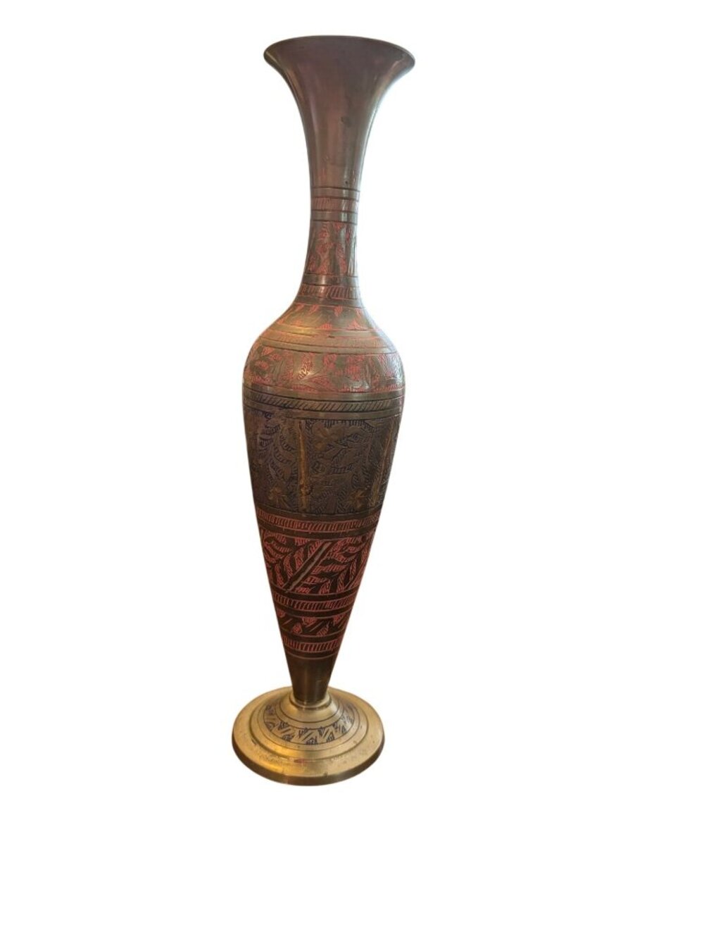 Handcrafted Etched Brass Vase With Floral Motif - Red & Gold - India - 9" Tall